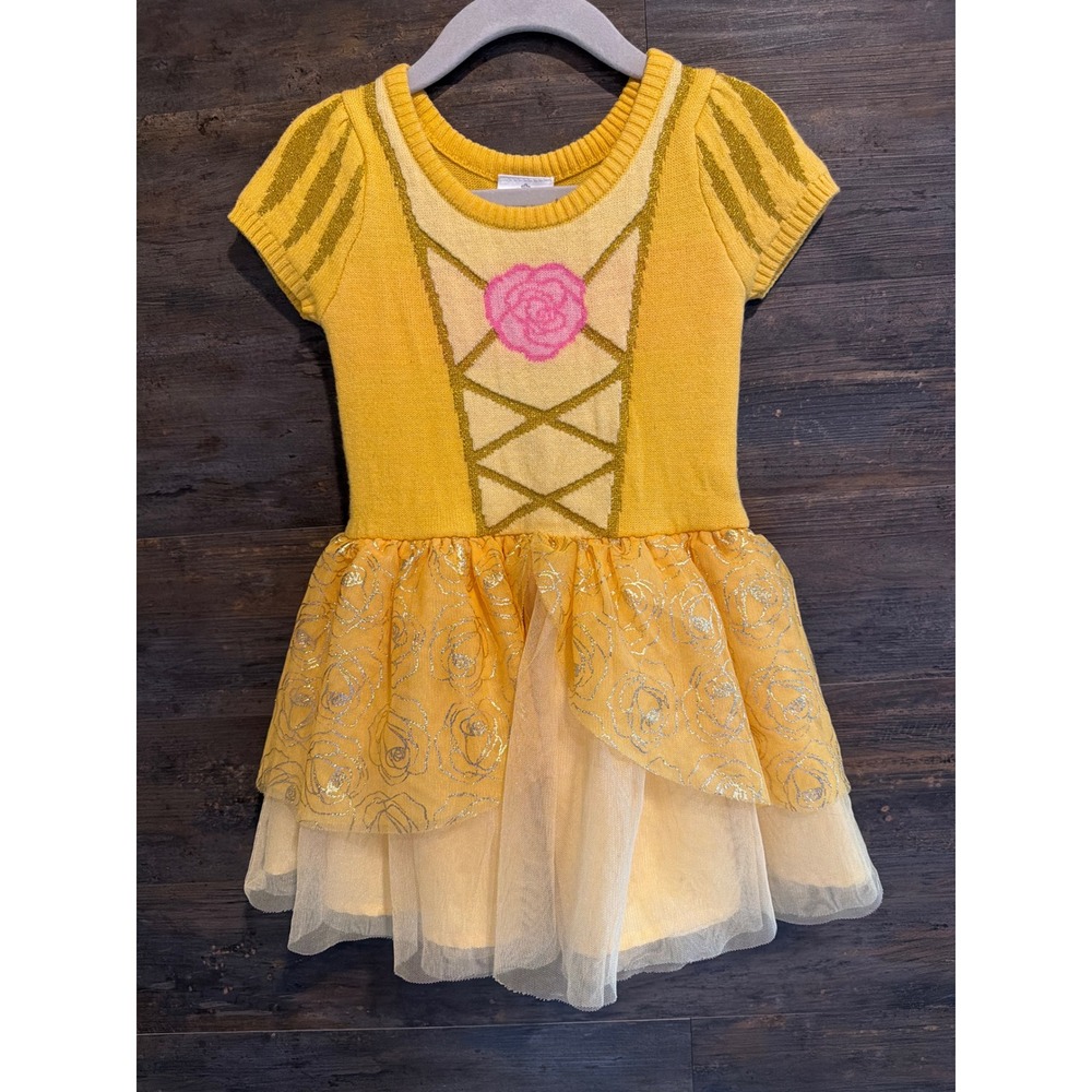 Disney Princess Belle Sweater Dress Girls 3T Yellow Tulle Beauty and the Beast